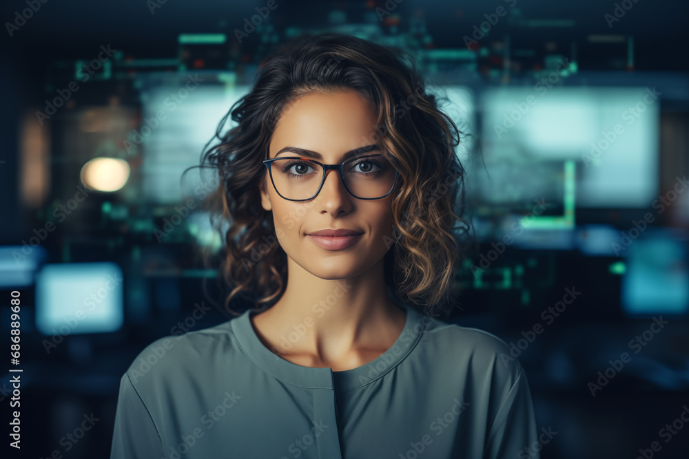 A close-up portrait of a female programmer in office. Advertising concept. A close-up portrait of a female programmer in office. Advertising concept.