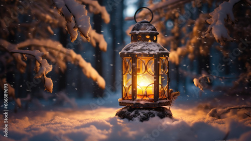 Lantern nestled in the snow surrounded by glistening fir branches. light backgroud