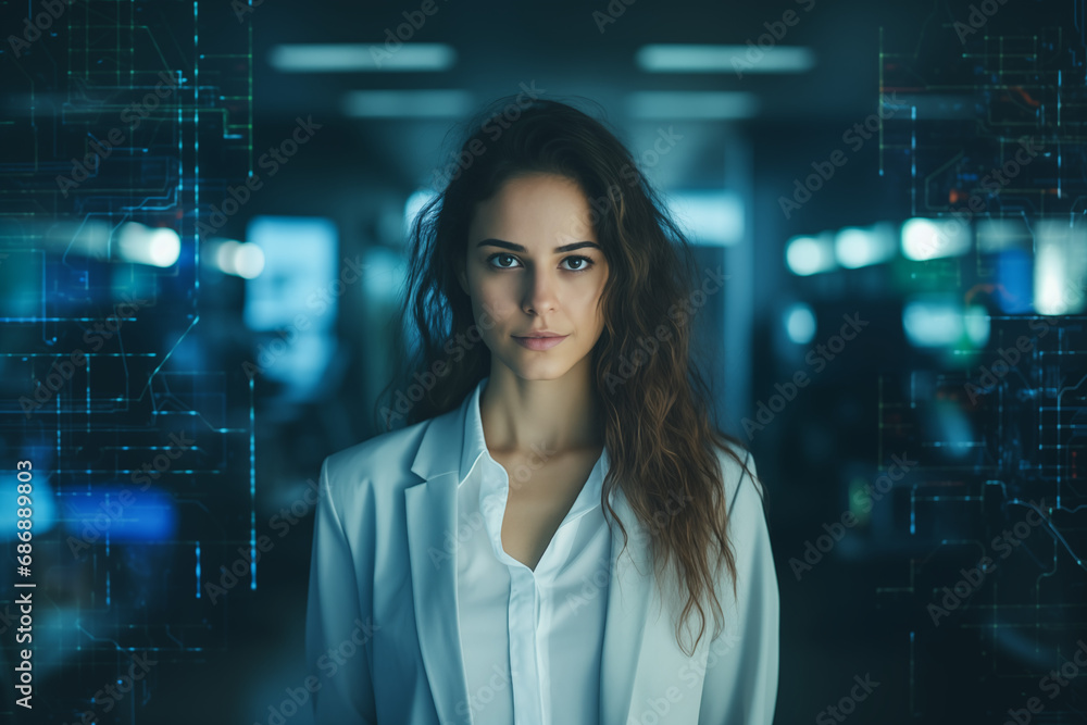 A close-up portrait of a female programmer in office. Advertising concept. A close-up portrait of a female programmer in office. Advertising concept.