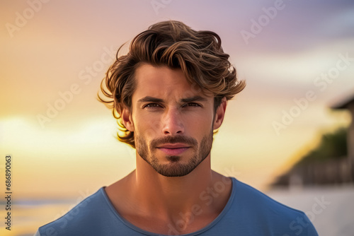 Captivating young man with wavy hair and a piercing gaze at sunset on the beach, embodying a casual yet magnetic charm.
