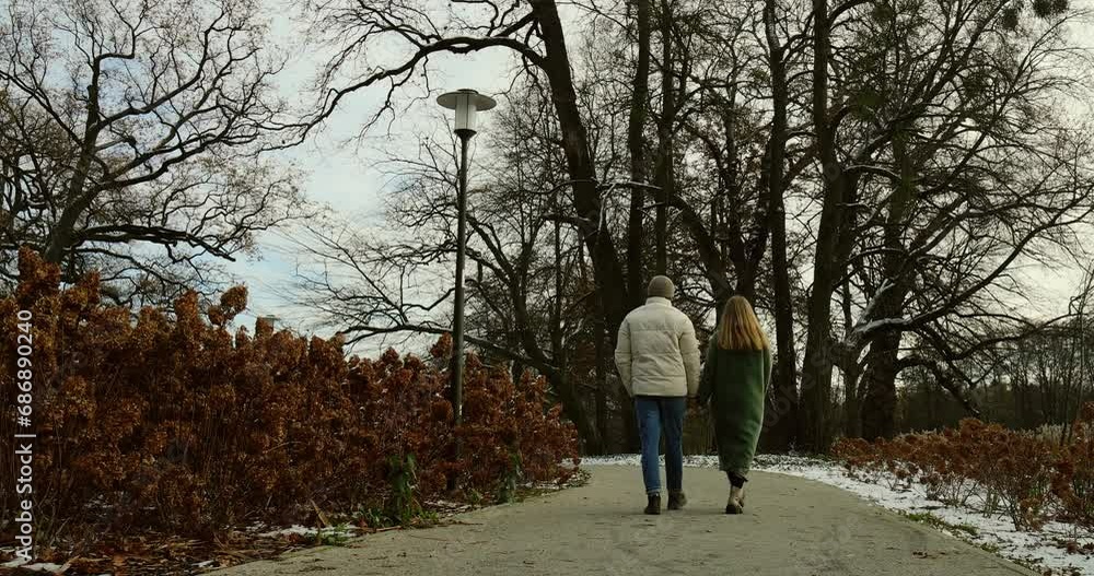 Video of a girl and a guy walking in the park during winter. Video of a girl and a guy walking in the park during winter.