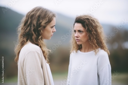 Mother and teenage daughter talking outdoors, quarrel between girl and middle-aged woman, family conflict concept
