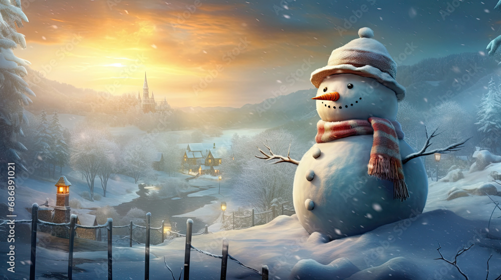 Obraz premium A snowman's happiness framed within the snowy panorama.