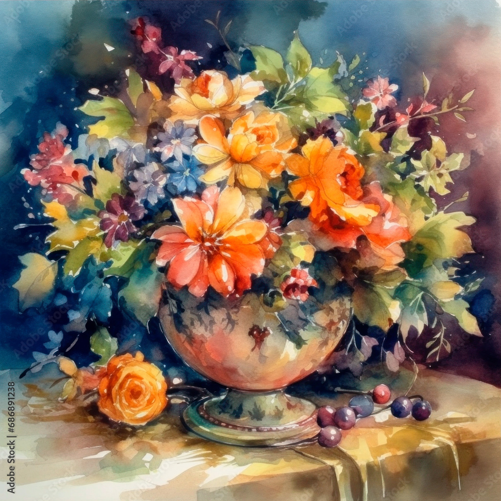 Flowers in vase watercolor painting. Ceramic vase with garden flowers. Flowers in vase illustration.