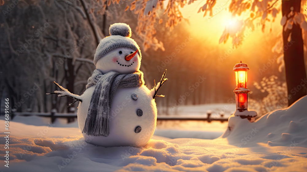 Fototapeta premium Snowman in a snow-covered park under the sun