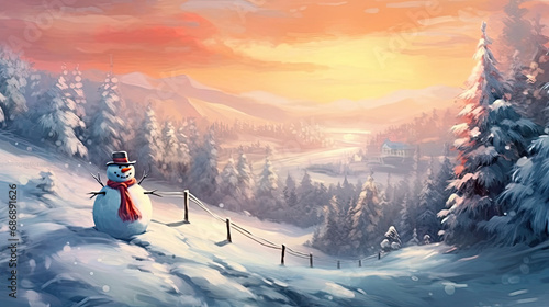 Wallpaper Mural Snow-covered hills and a cheerful snowman in a majestic view. Torontodigital.ca