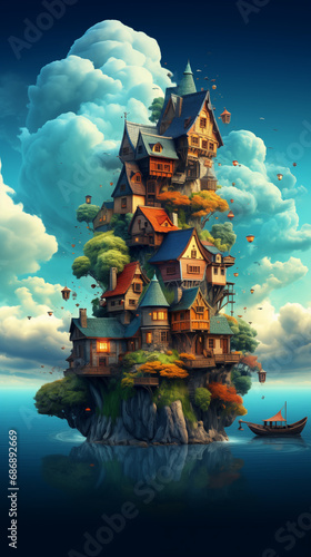 iPhone Wallpaper, 16:9, Fantasy Design, Ocean with Island, Colorful, Tiny-house