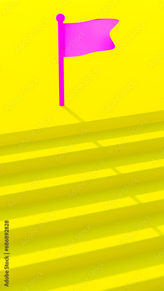 3d illustration of purple flag at the end of yellow stairs, goal achievement and goal fulfillment