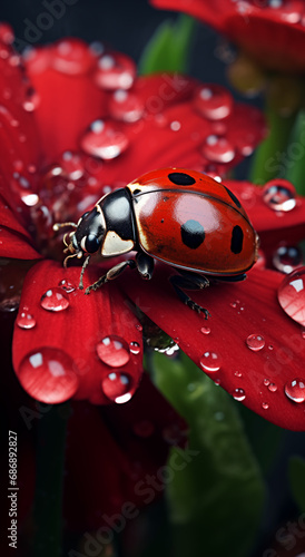 Ladybug on a red flower petal with dew drops. © LAJT