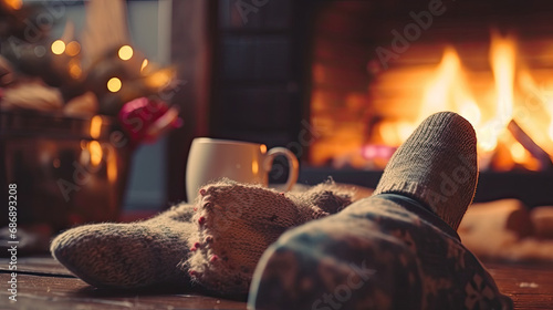 Wallpaper Mural Christmas comforts: Close-up of a woman's feet in woollen socks near a crackling fire. Torontodigital.ca