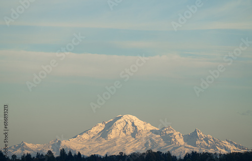 Mount baker of America, as seen from Vancouver, Canada. The view shows snow capped mountain during summer of 2023