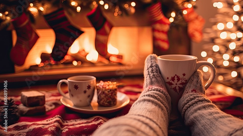 Wallpaper Mural Holiday relaxation: A woman enjoys her hot drink by the fire, feet wrapped in cozy socks. Torontodigital.ca