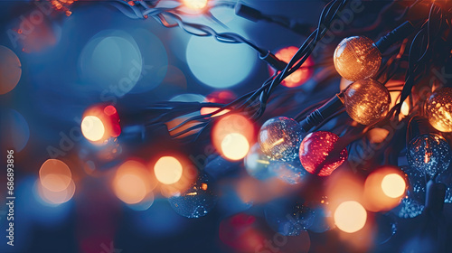 Mood-setting Christmas garland bokeh lights against a deep blue night. light backgroud