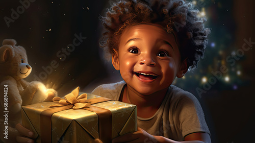 A child excitedly opening a Christmas gift with a huge smile.