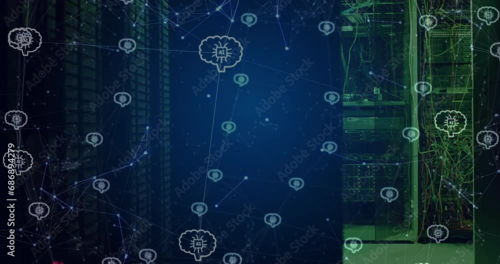Animation of network and brains with ai motherboards over dark computer server room Animation of network and brains with ai motherboards over dark computer server room