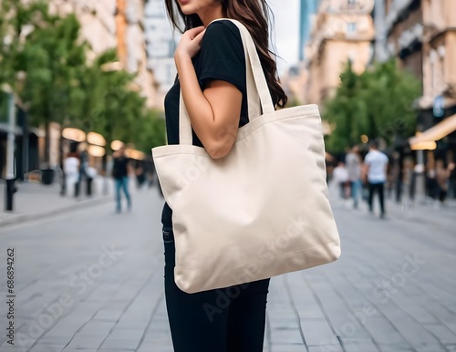Empty reusable canvas tote bag mockup. Natural canvas eco-friendly shopper bag on girl's shoulder