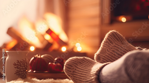 Wallpaper Mural A cozy Christmas evening: Close-up of a woman's feet in warm woollen socks by the fireplace. Torontodigital.ca