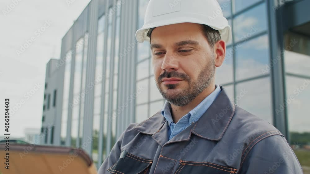 Portrait of handsome Caucasian engineer using tablet device while standing before modern business office or large factory. Busy worker looking at screen and considering building plan of new location. Portrait of handsome Caucasian engineer using tablet device while standing before modern business office or large factory. Busy worker looking at screen and considering building plan of new location.