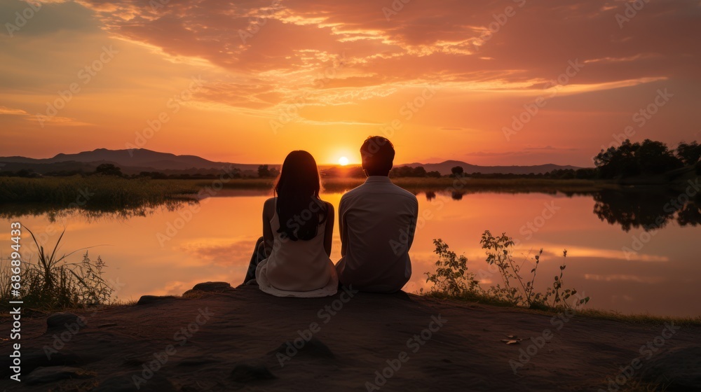 Silhouette of young couple sitting at the lake and watching the sunset