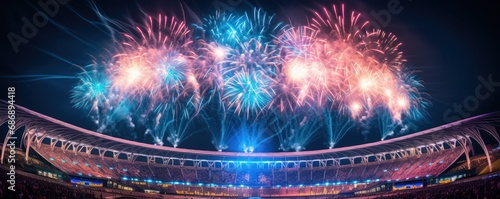 Colorful fireworks over a large football stadium with fans in the background photo