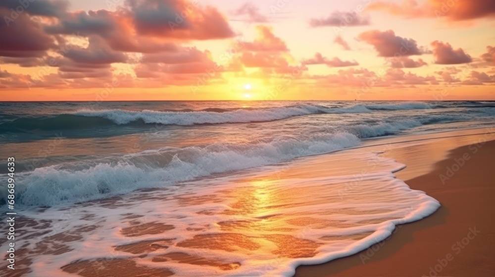 the beach at sunset with seawater splashing against the beach