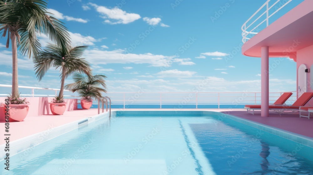 Swimming pool on a terrace overlooking the sea.