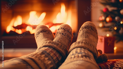 Wallpaper Mural Christmas cozy: Close-up of a woman's feet wrapped in woollen socks near a crackling fire. Torontodigital.ca