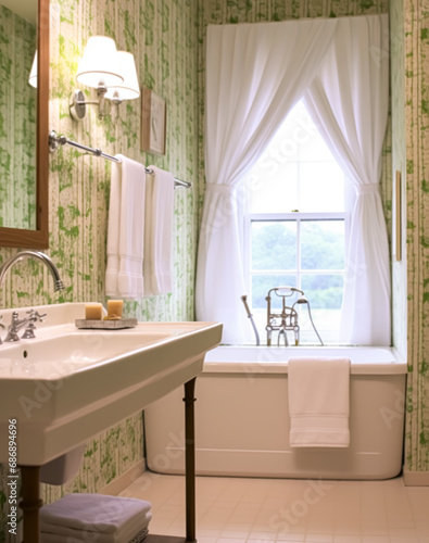 Classic bathroom decor, interior design and home improvement, bathtub and bathroom furniture, English country house and cottage style, generative ai