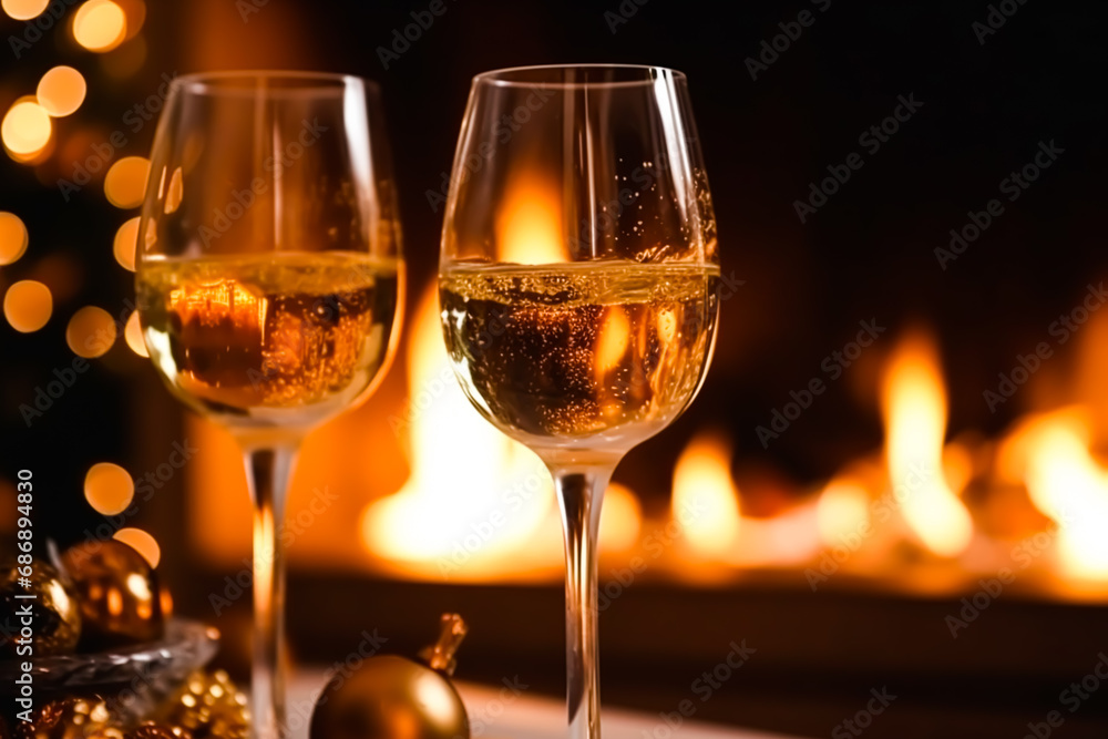 Sparkling wine, proseco or champagne in front of a fireplace on a holiday eve celebration, Merry Christmas, Happy New Year and Happy Holidays Sparkling wine, proseco or champagne in front of a fireplace on a holiday eve celebration, Merry Christmas, Happy New Year and Happy Holidays