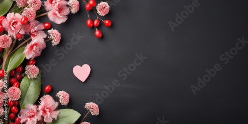 Top view pink flowers and heart  arranged on the black background with space for text.For greeting cards  posters  advertising for love-related events Valentine s Day  mother s day weddings.