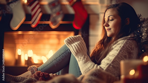 Wallpaper Mural Cherishing the season: Woman relaxes with her feet in woollen socks by the Christmas fireplace. Torontodigital.ca