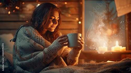 Wallpaper Mural Embracing winter: A woman enjoys her hot drink by the Christmas fire with woollen socks. Torontodigital.ca