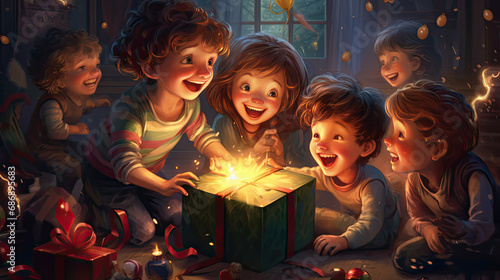 Wallpaper Mural Children opening their Christmas presents with excitement and smiles. Torontodigital.ca