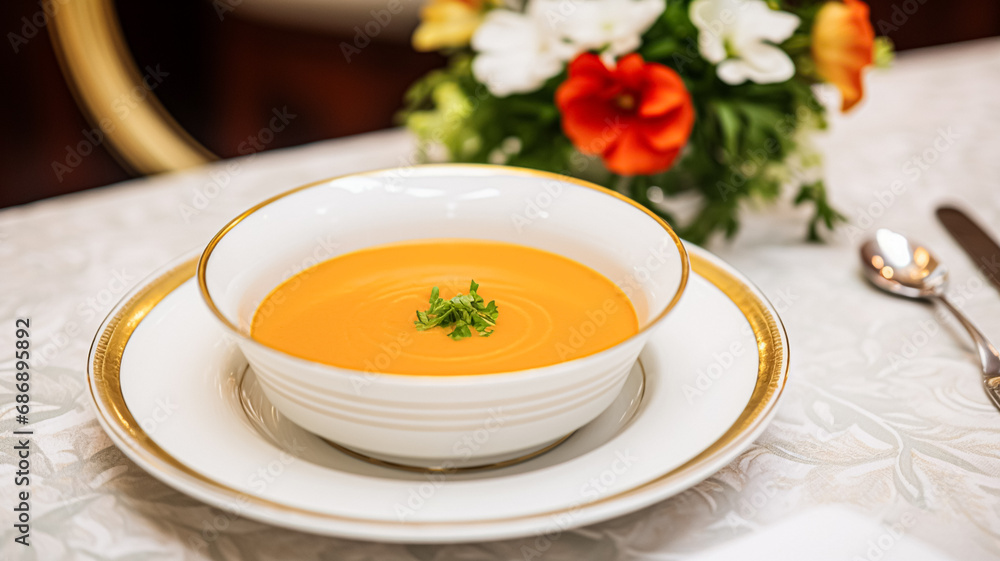 Vegetable soup in a restaurant, English countryside exquisite cuisine menu, culinary art food and fine dining Vegetable soup in a restaurant, English countryside exquisite cuisine menu, culinary art food and fine dining