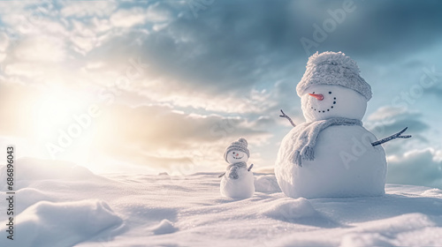 Snowman and snow angel under the bright winter sun light backgroud