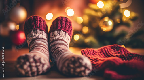 Wallpaper Mural Socks and cocoa: Close-up of a woman's feet in woollen socks beside the festive Christmas fire. Torontodigital.ca