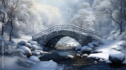 Generative AI : A footbridge over a frozen stream among snow-covered fir trees in the park photo