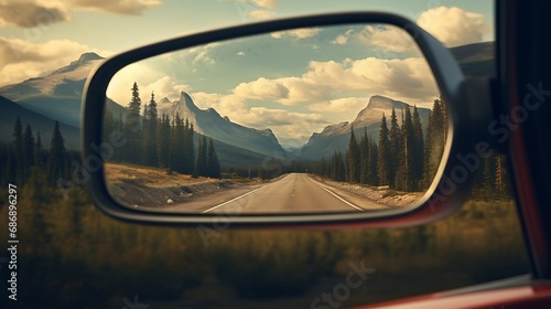 Generative AI : Car mirror reflects life's rearview, symbolizing introspection, hindsight, progress, and the journey ahead photo