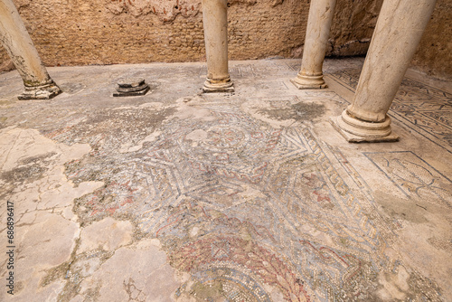 Mosaic floor at the Antonian, or Licinian, Bath at the Roman ruins in Dougga, Tunisia.