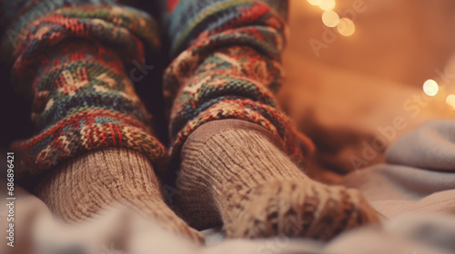 Cherished moments: A close-up of a woman's feet in toasty woollen socks during the holidays.