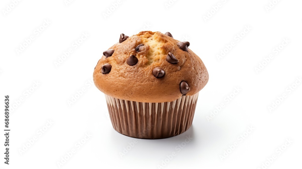 Generative AI : Chocolate chip muffins isolated on white background. top view Generative AI : Chocolate chip muffins isolated on white background. top view