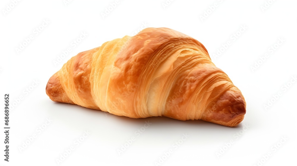 Generative AI : One croissant closeup, isolated on white background.