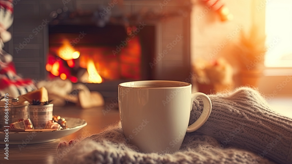 Holiday bliss: A woman sips a hot drink while her feet stay warm in woollen socks by the Christmas hearth.