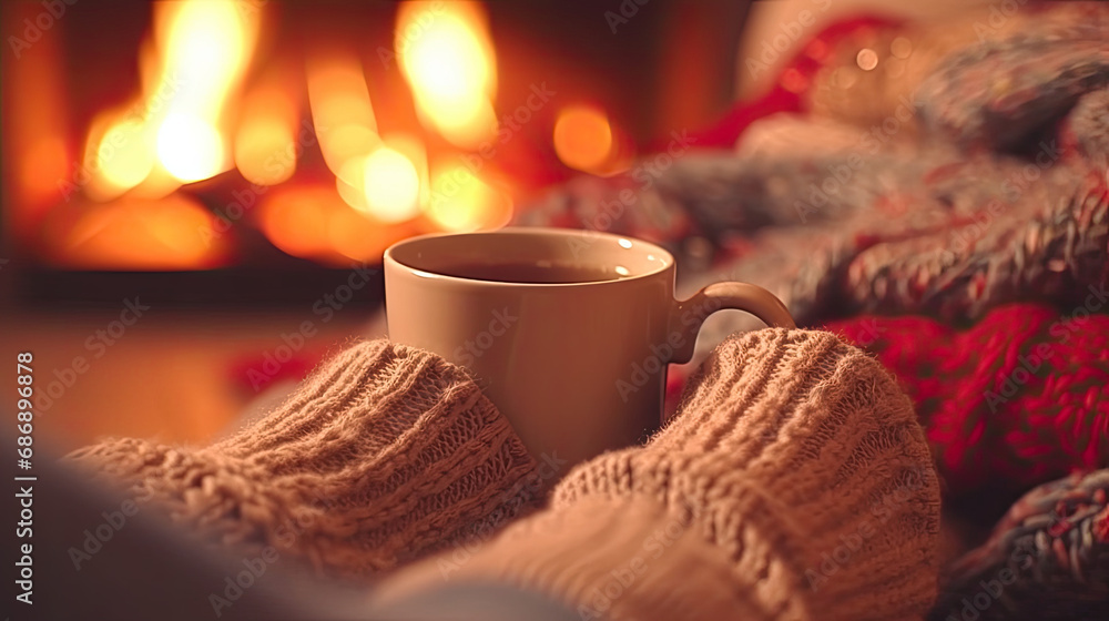 Sipping and warming: Close-up of a woman's feet in woollen socks by the cozy Christmas fire. Sipping and warming: Close-up of a woman's feet in woollen socks by the cozy Christmas fire.
