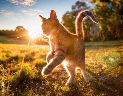 Murais de parede Pretty portrait of a cat playing in the countryside, standing on its two hind le
