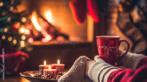 Wallpaper Mural Cozy holiday nights: Woman's feet in woollen socks by the Christmas fireplace with a cup of hot drink. Torontodigital.ca
