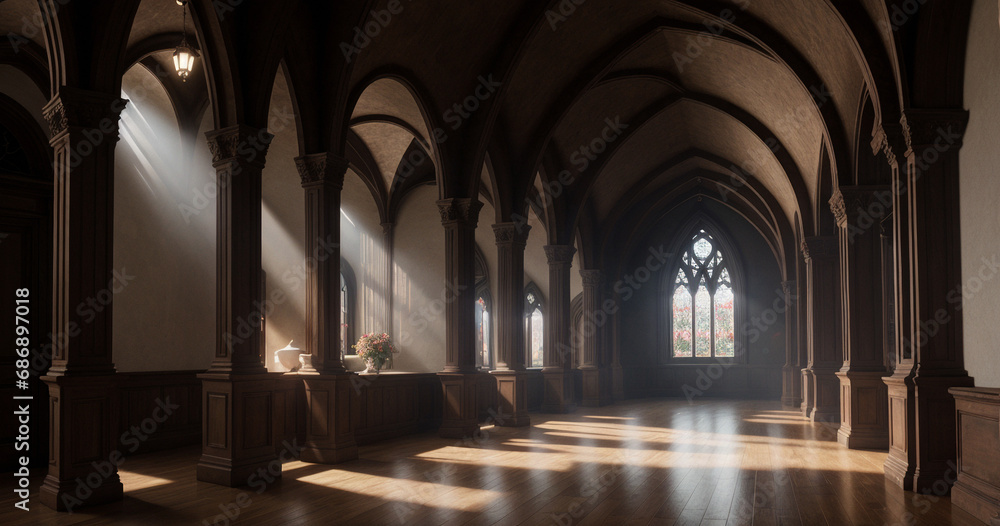 Neo-Gothic interior. Spacious, bright corridors