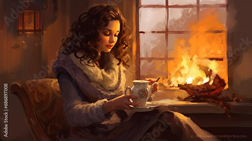 Wallpaper Mural Christmas serenity: A woman unwinds with a hot drink and woollen socks by the crackling fire. Torontodigital.ca