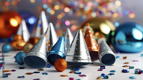 Decorated New Year's party hats and noisemakers for a fun celebration.