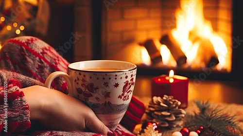 Wallpaper Mural Festive relaxation: Woman enjoys her hot drink by the Christmas fire with feet in woollen socks. Torontodigital.ca